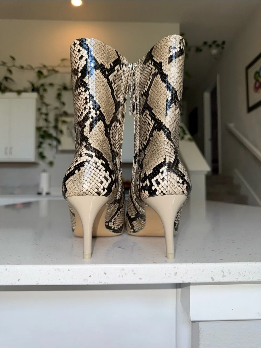 H&M Beige and Black Snake-Print Pointed Ankle Boots